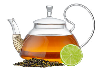 Glass teapot with black tea isolated on white