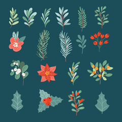 Vector set of winter festive flowers, branches, twig, berries, pines and other greenery flat elements