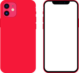 Realistic modern smartphone red color isolated on white background . Mock up phone with blank screen . Vector illustration.