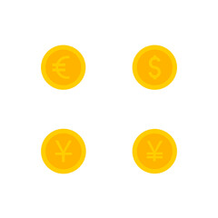 This is a set of coin icons in a flat style isolated on white background. Gold coins Dollar, Euro, Yen, and Yuan.