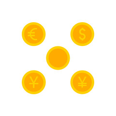 This is a set of coin icons in a flat style isolated on white background. Gold coins Dollar, Euro, Yen, and Yuan.