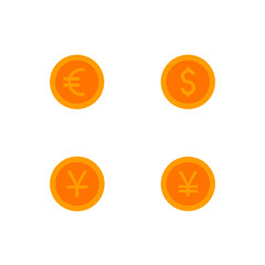 This is a set of coin icons in a flat style isolated on white background. Gold coins Dollar, Euro, Yen, and Yuan.