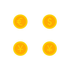 This is a set of coin icons in a flat style isolated on white background. Gold coins Dollar, Euro, Yen, and Yuan.