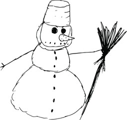 Snowman made of snow with hands made of branches in a hat. Cheerful snowman with a carrot nose.