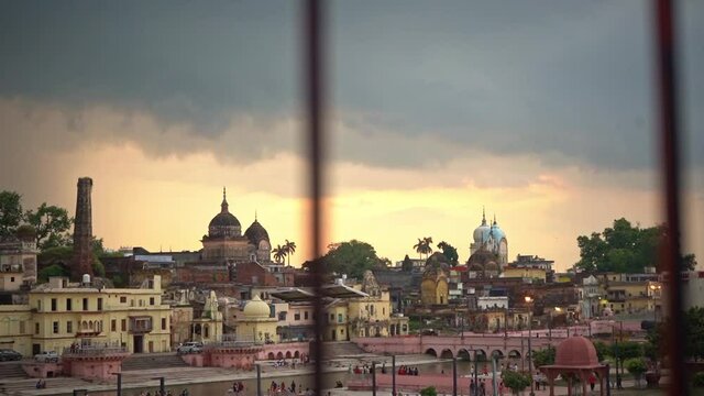 Ayodhya, City In India - The Beautiful and Peaceful Scenery With Different Colorful Buildings During Sunset - Wide Shot