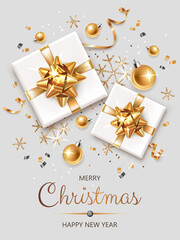 Fototapeta na wymiar Vertical banner with golden and silver Christmas symbols and text. Christmas decor, gift, ribbons and other festive elements on light background.