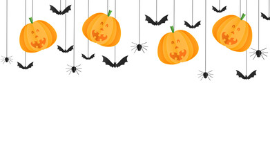Halloween party  background with happy smiling  pumpkin face , bats, spiders in paper cut style, hanging from top  isolate on  white  background, graphic resources for sale template vector