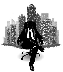 Silhouette of a man in a suit sitting on an armchair against the background of urban skyscrapers