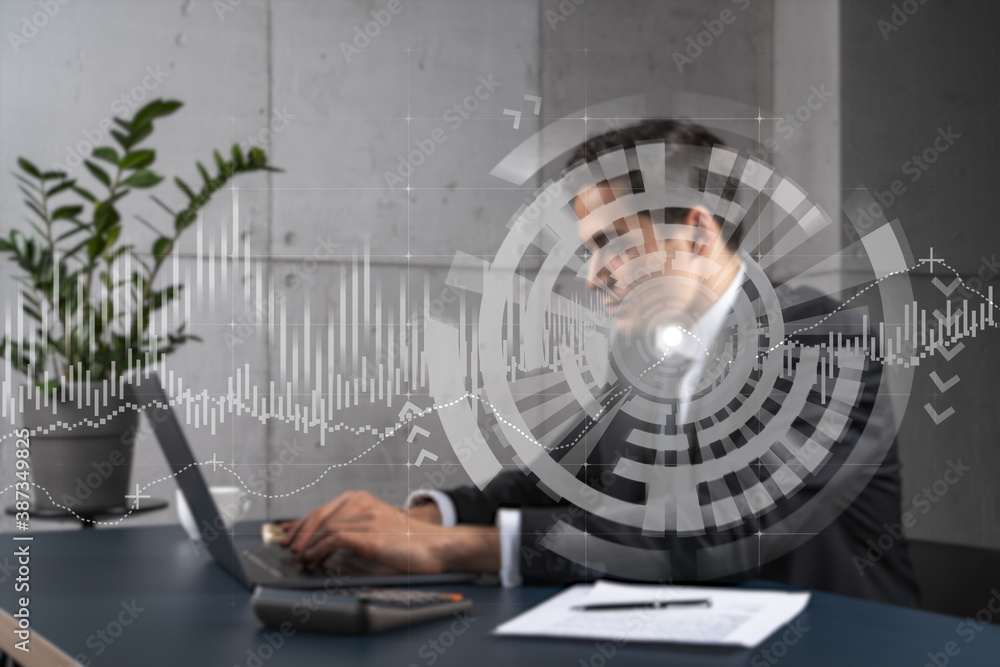 Poster businessman in office working with laptop technology online trading graph and chart, typing computer