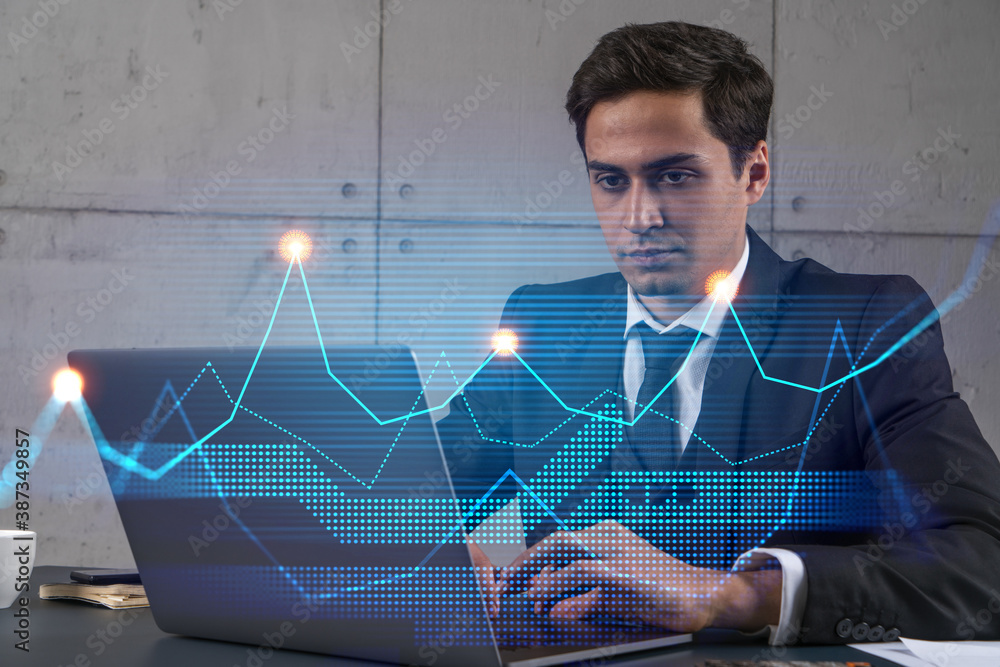 Poster businessman in office working with laptop technology online trading graph and chart, typing computer