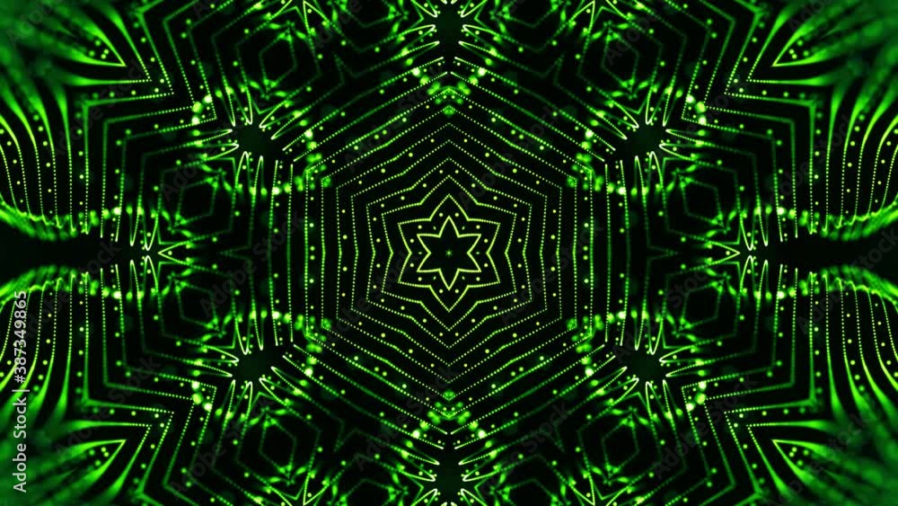 Poster glow green particles form lines, surfaces, star pattern, kaleidoscope structures. 4k looped sci-fi 3