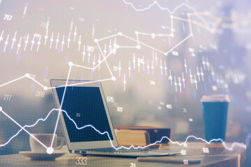 Forex market chart hologram and personal computer background. Double exposure. Concept of investment.