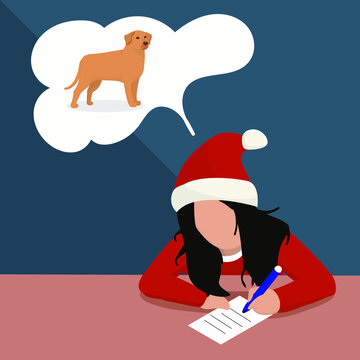 the girl sits at the table in a red hat and writes a letter to Santa Claus and dreams of a dog as a gift