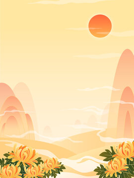 China chic illustration of autumn landscape with mountains and chrysanthemums.
