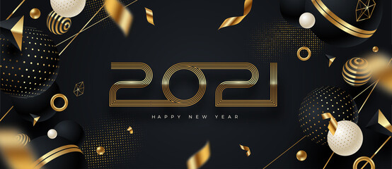 2021 new year logo. Greeting design with golden  number of year and black and gold abstract shapes. Design for  invitation, calendar, greeting card, etc.