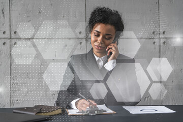 Businesswoman speaks phone and abstract technology hologram. Double exposure.