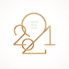 Realistic gold metal logo of 2021 year on white background. New year greeting card. Design for poster, flyer, invitation, postcard, advertising.