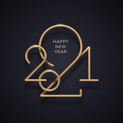 Realistic gold metal logo of 2021 year on black background. New year greeting card. Design for poster, flyer, invitation, postcard, advertising.