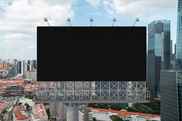 Blank black road billboard with Singapore cityscape background at day time. Street advertising poster, mock up, 3D rendering. Front view. The concept of marketing communication to promote.