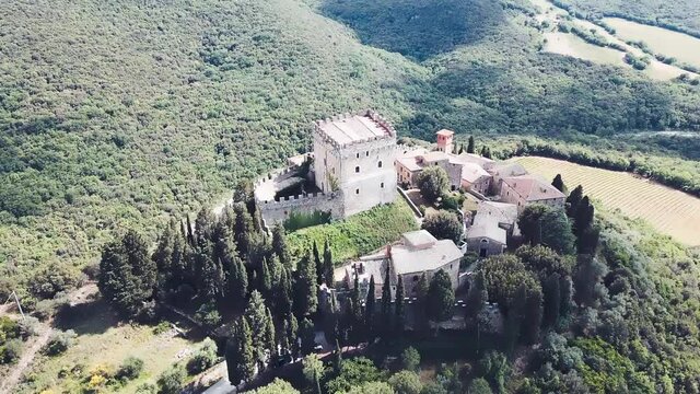 Ripa Orcia Castle, Orcia Valley, Tuscany. Circular aerial view at sunset