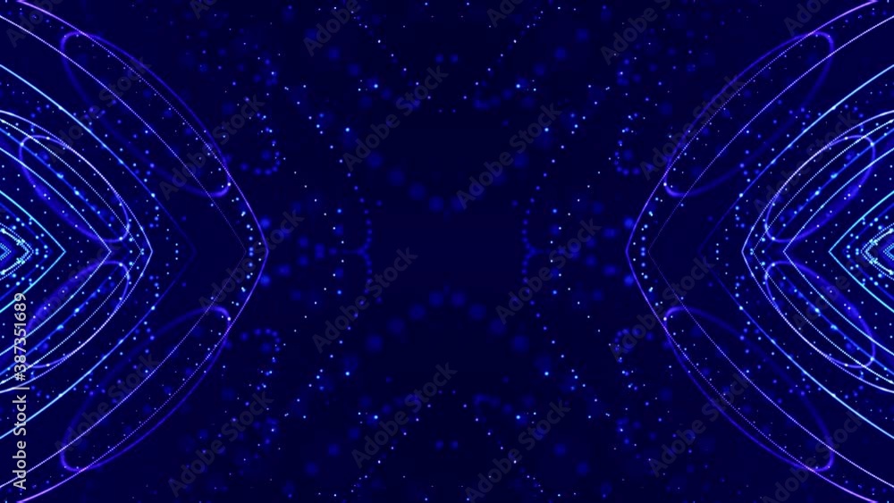 Poster 4k looped sci-fi 3d abstract animation. glow blue particles form lines, symmetrical structures like 