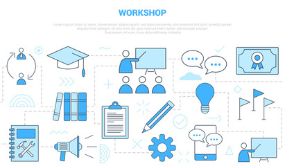 workshop concept with icon line style set template banner with modern blue color