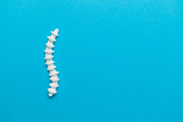 Spine on a blue background. Back pain and treatment. Inflammation in the lower back. Copy space for text.