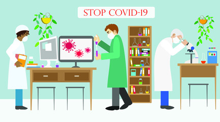 A team of scientists of different genders, ages and races is researching Covid-19 and developing a serum in the laboratory to protect the world from a pandemic.