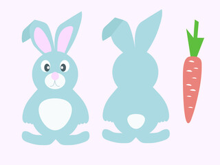 Cute bunny with carrots.  Vector illustration of an animal. Print for clothes, label, patch, sticker. For cards for children's holidays or drawing training.