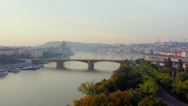 AERIAL 4K footage about the Budapest city in hungary. Amazing fall mood and morning lights. Included the margaret island Danube river and Hungarian Parliament gian building. 