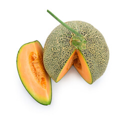 Ripe Cantaloupe melon cut slice some part isolated on white background.