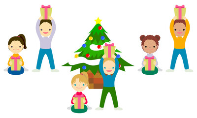 Fototapeta premium クリスマスプレゼントをもらう子供達／Children receiving Christmas gifts