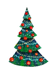 Christmas tree with red balls with glowing lights isolated on a white background. Digital illustration.