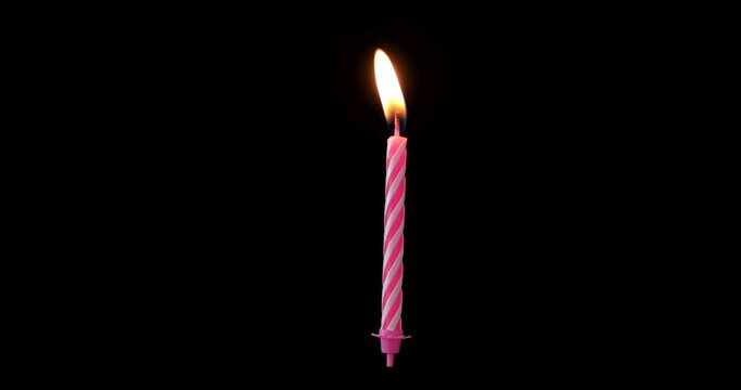Realistic full-sized single pink birthday candlelight isolated on black background. Fire is floating. Great footage ready for compositing, copy paste into your project. 4k, apple prores 422
