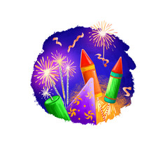 Happy Diwali digital art illustration isolated on white background. Hindus festival of lights. Deepavali hand drawn graphic clip art drawing for web, print. Flying fireworkd and burning sparklers.