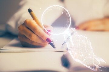 Start up creative drawing over close up hands in notepad background. Concept of brainstorming. Double exposure