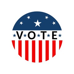 Round VOTE sign with American flag stars and stripes pattern in blue red white colors. Presidential election campaign slogan badge