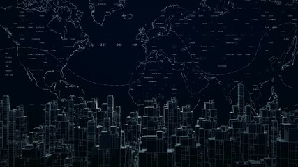 HUD City animation.Technological World map and 2D graphic digital elements and 3D generated Sci Fi futuristic City.Technological background. - Powered by Adobe