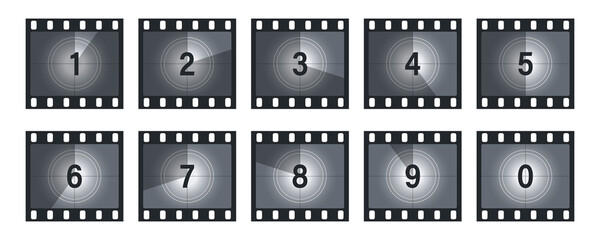 Movie countdown numbers Set. The start of the old film. Retro cinema movie timer count. Old film of countdown frame. Vintage silent film screen with circle sections timer on grunge film background