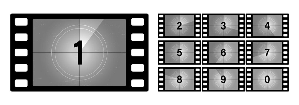 Movie countdown numbers Set. The start of the old film. Retro cinema movie timer count. Old film of countdown frame. Vintage silent film screen with circle sections timer on grunge film background