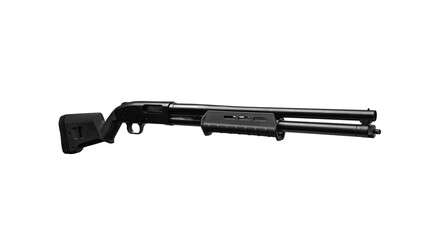 Modern pump action shotgun isolate on a white back. Weapons for hunting, sports and self-defense.