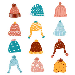 cute kintted beaning winter hat pastel clip art set, pink, blue, yellow