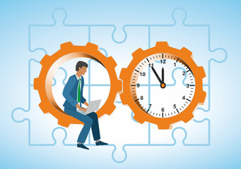 African man sitting  in gear wheel, cugwheel, clock and puzzle pieces. Vector illustration. EPS10.