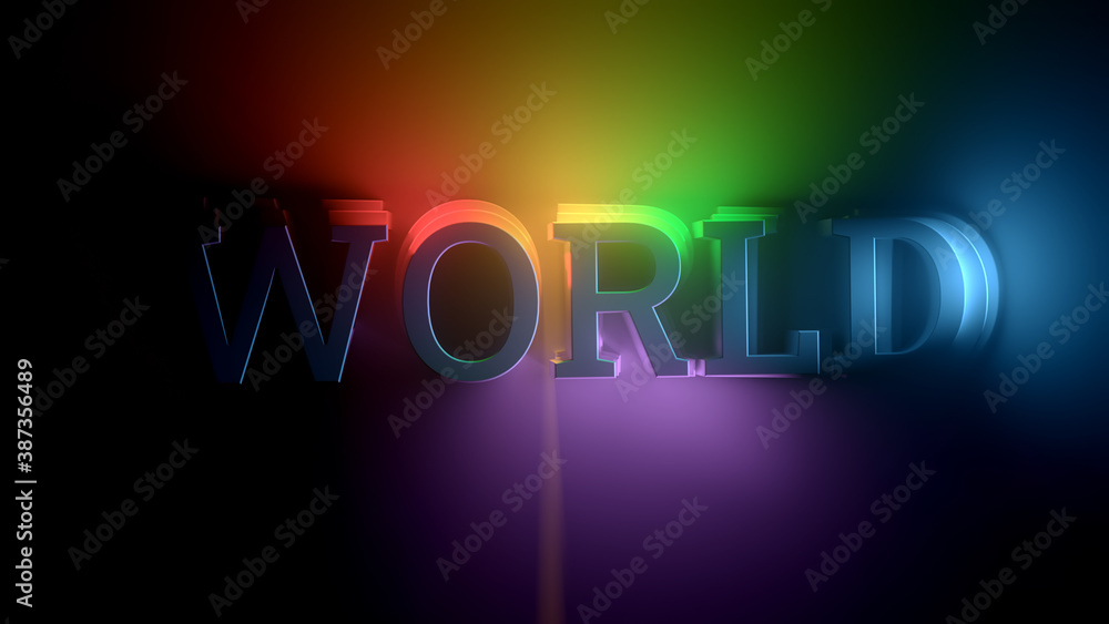 Poster world word highlighted with different light from different sides. bright colorful 3d render.