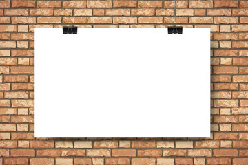 Mockup with empty white horizontal poster on brown brick wall background. Trendy portfolio blanc space frame background. Vector Illustration for web portfolio, poster mock up, advertising