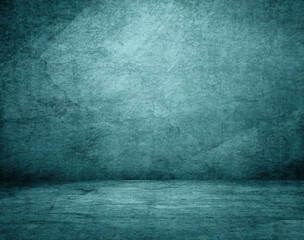   Blue wall and floor interior background.Dark room grunge texture.