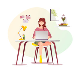 Fototapeta na wymiar Woman working or learning at home at the table. Freelance, work at home, online job, home office, e-learning concept. Isolated vector illustration for poster, banner, advertising.