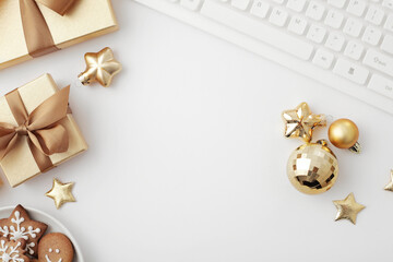 christmas workspace flat lay, gift wrapping, christmas ornaments