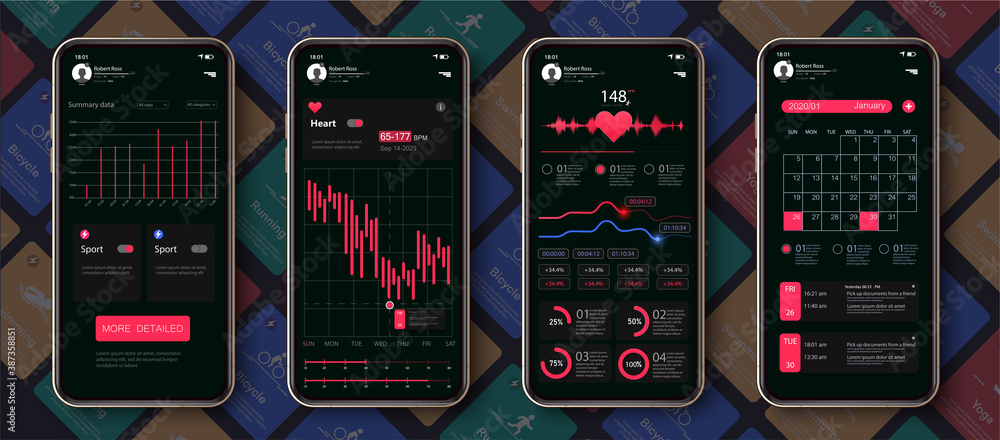Poster different ui, ux, gui screens fitness app and flat web icons for mobile apps, responsive website inc