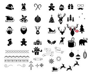 Christmas vector icons and elements set. Silhouette files for cricut bundle woth santa, christmas tree, deer, socks and so on. Holiday symbols for Xmas decor designs. Stock illustration